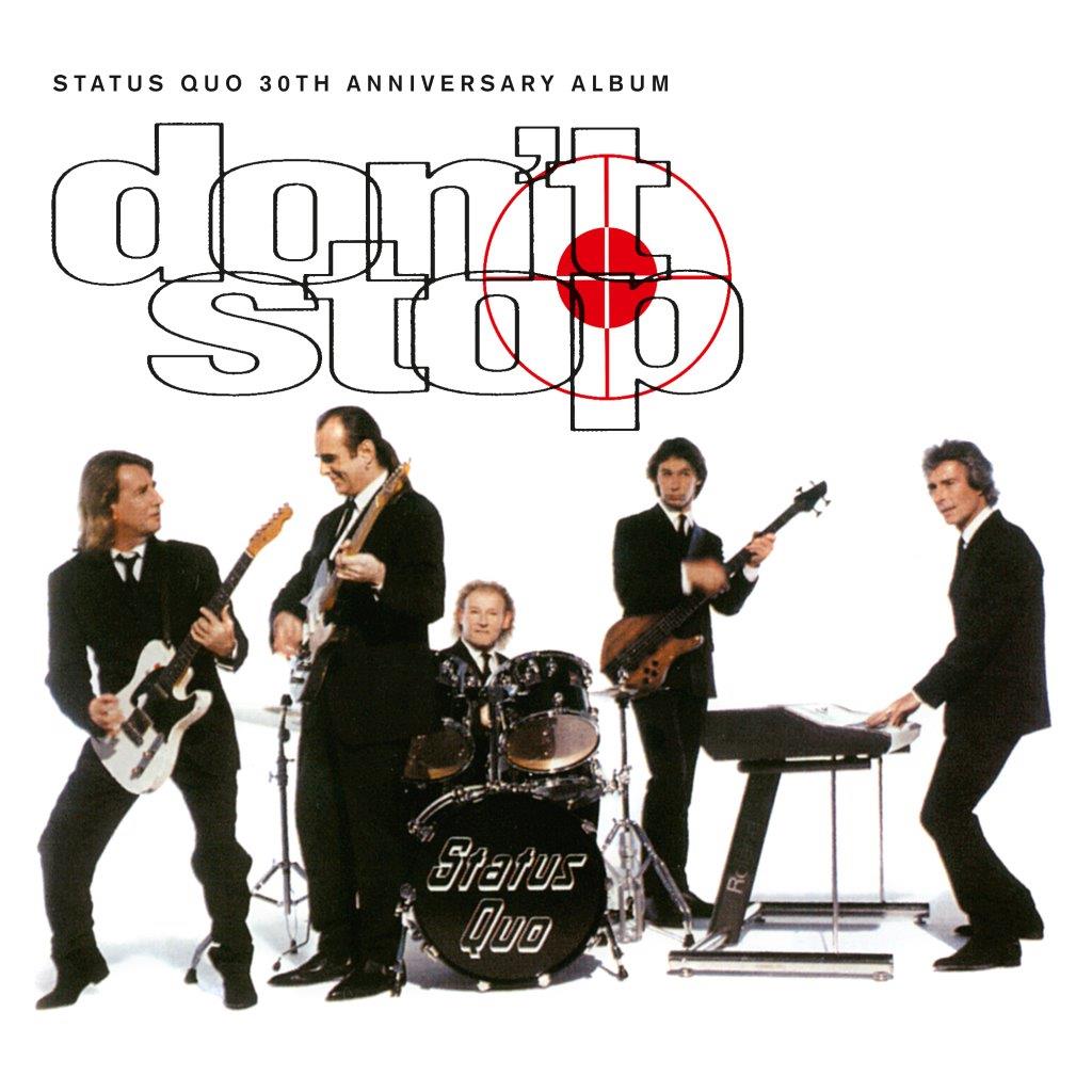 Album cover for Status Quo’s “Don’t Stop” featuring the band in suits.