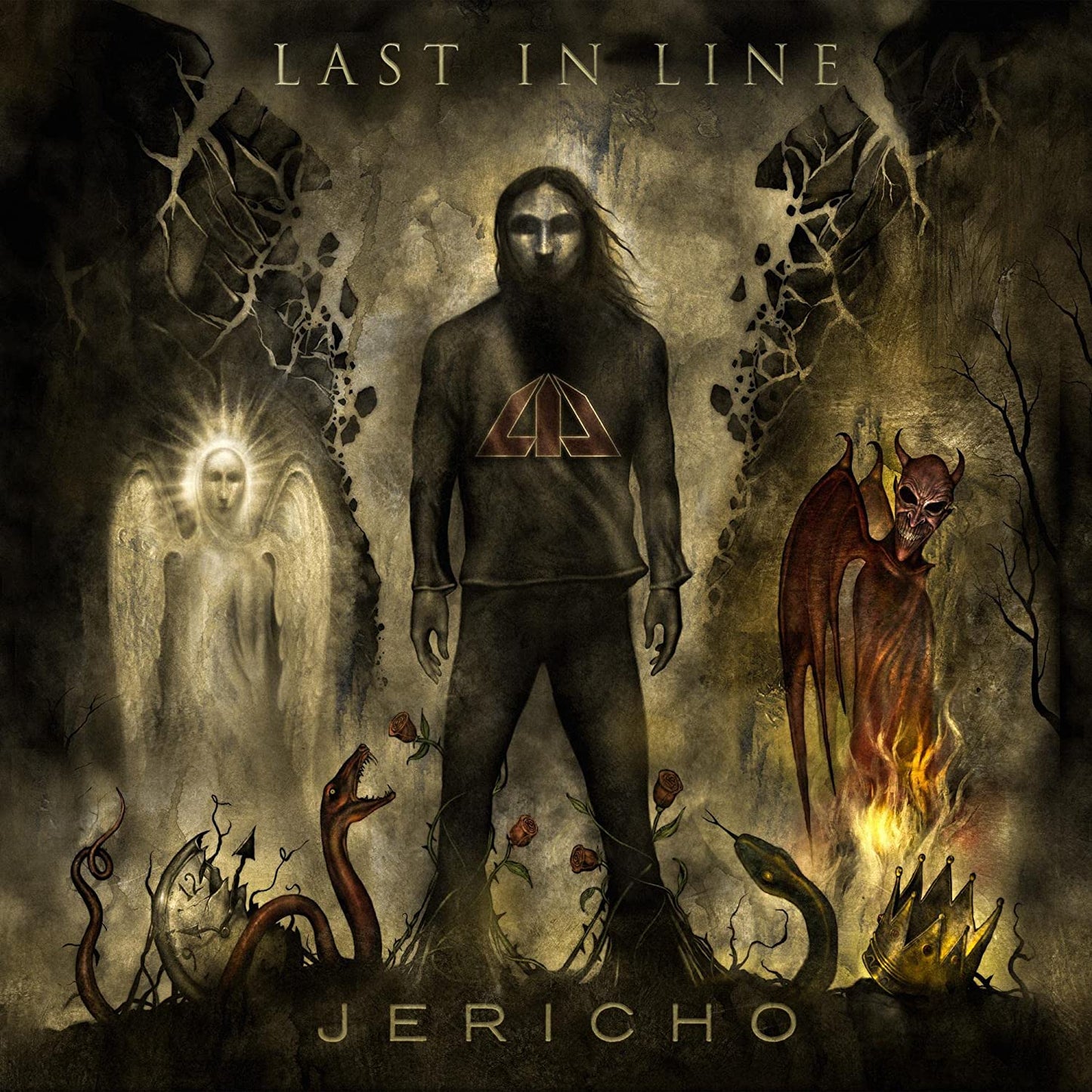 "Album cover art featuring a man surrounded by surreal, symbolic figures and creatures."