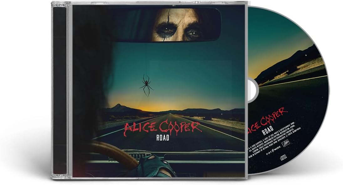 CD case with a disc, featuring a road and spider artwork, titled "Alice Cooper: Road".