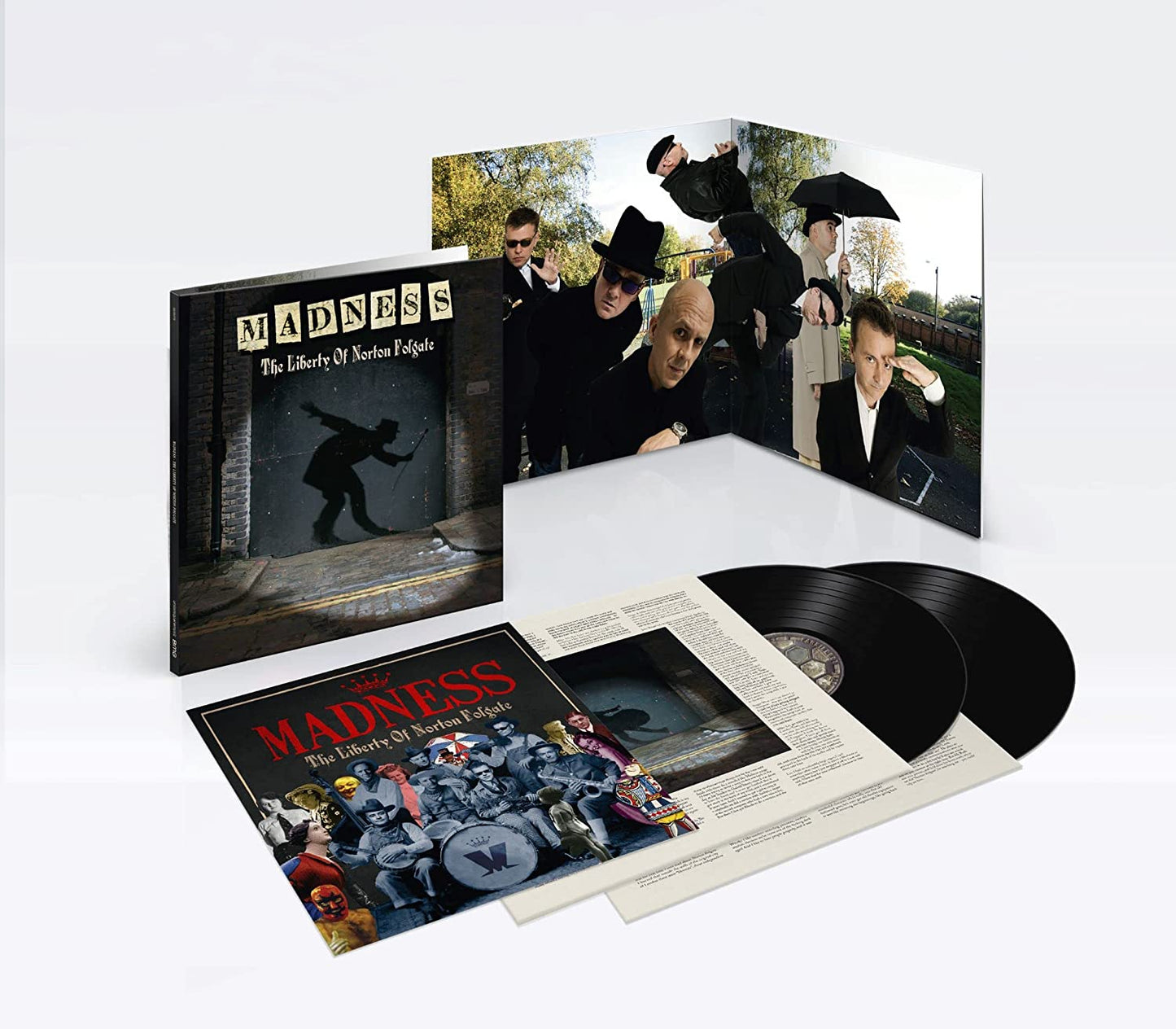 "Madness vinyl record set with album cover, sleeve, and two black vinyl discs."