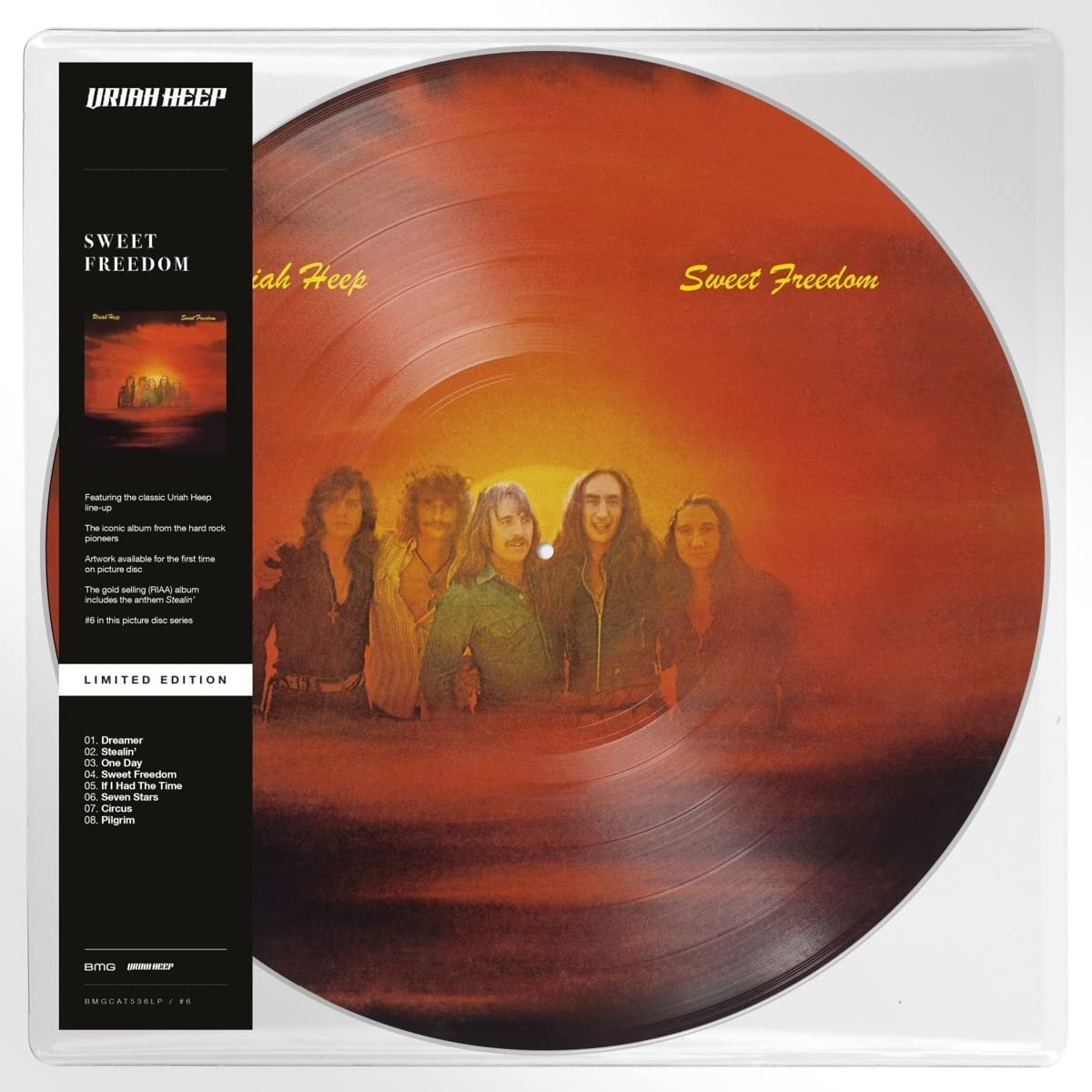 "Uriah Heep - Sweet Freedom vinyl record with orange-red picture disc and band image."
