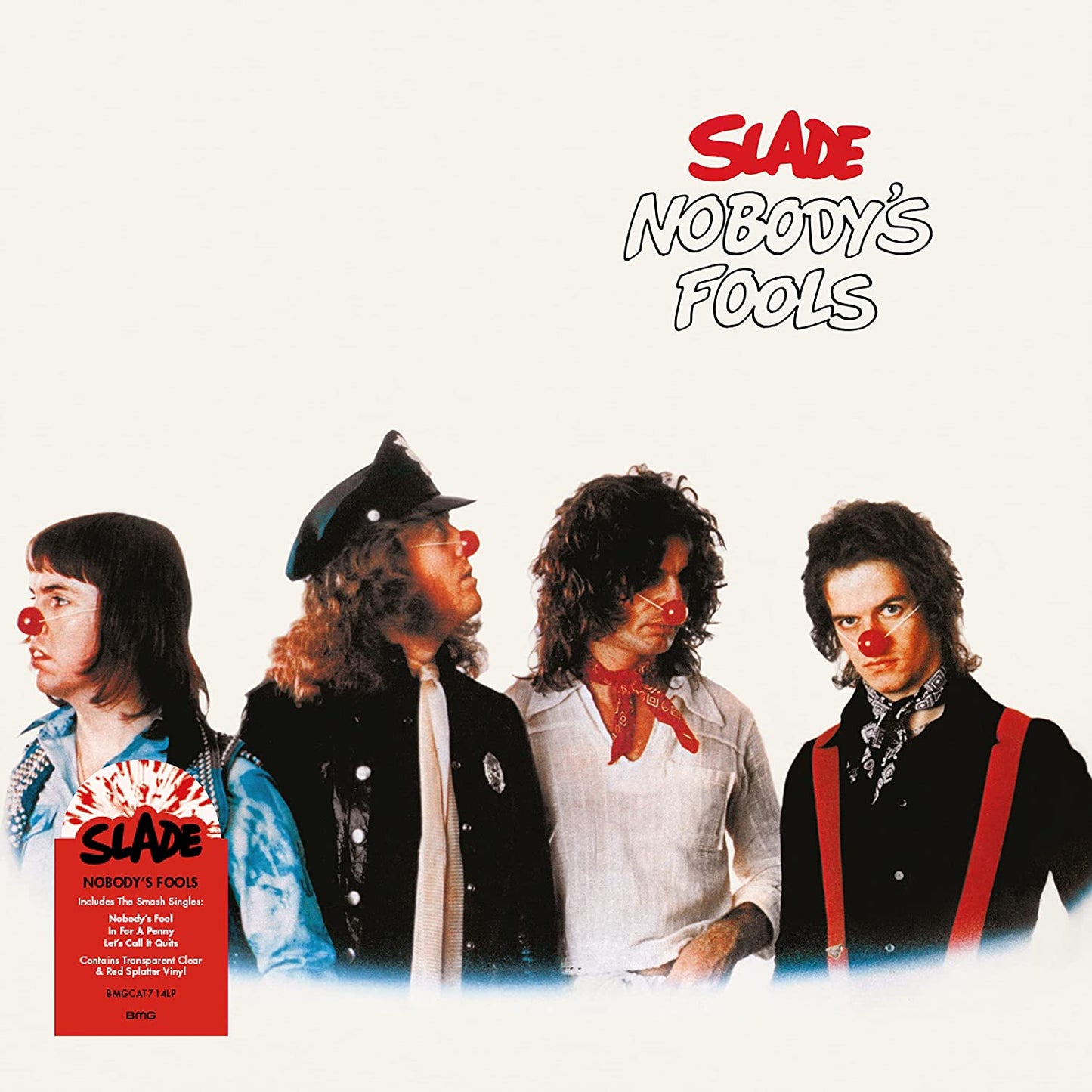 "Slade album cover with four band members wearing red clown noses and a vinyl record."