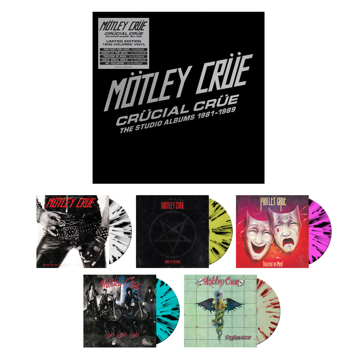 Motley Crue "Crucial Crue" splatter vinyl LP set with album cover images.