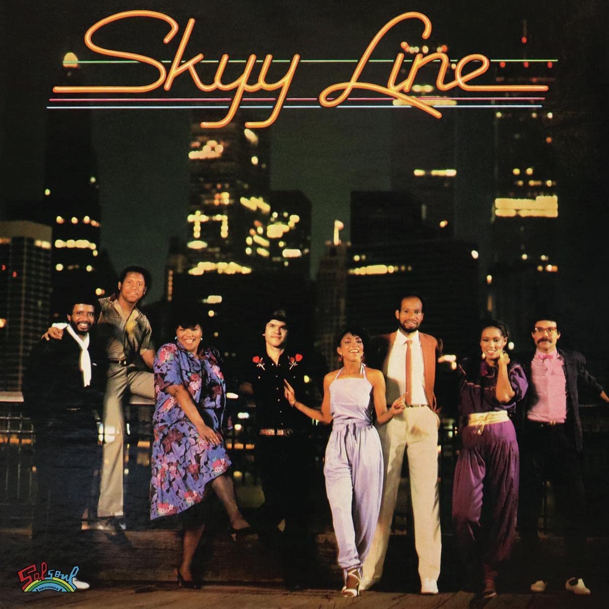 "Album cover featuring 'Skyy Line' with a group of people on a rooftop."