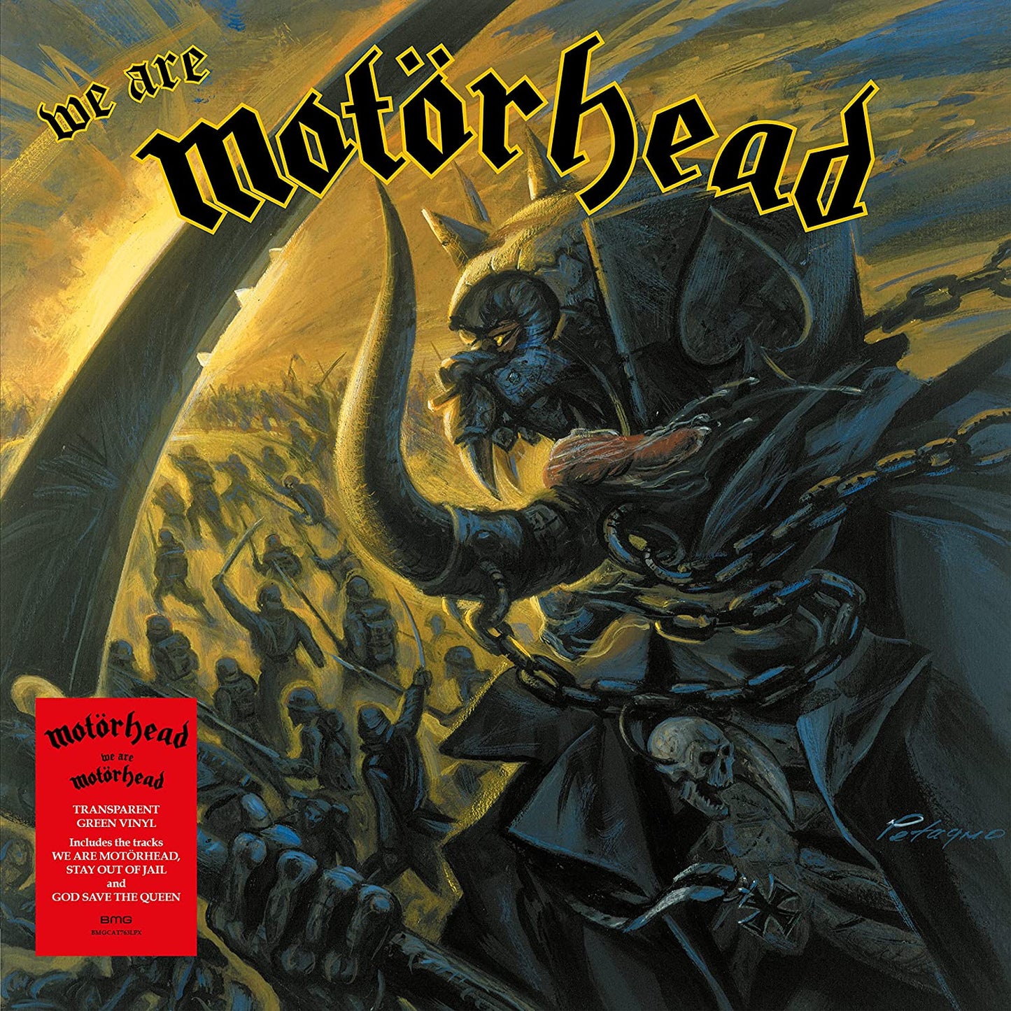 "Album cover art featuring a knight in armor, with 'We Are Motorhead' text."