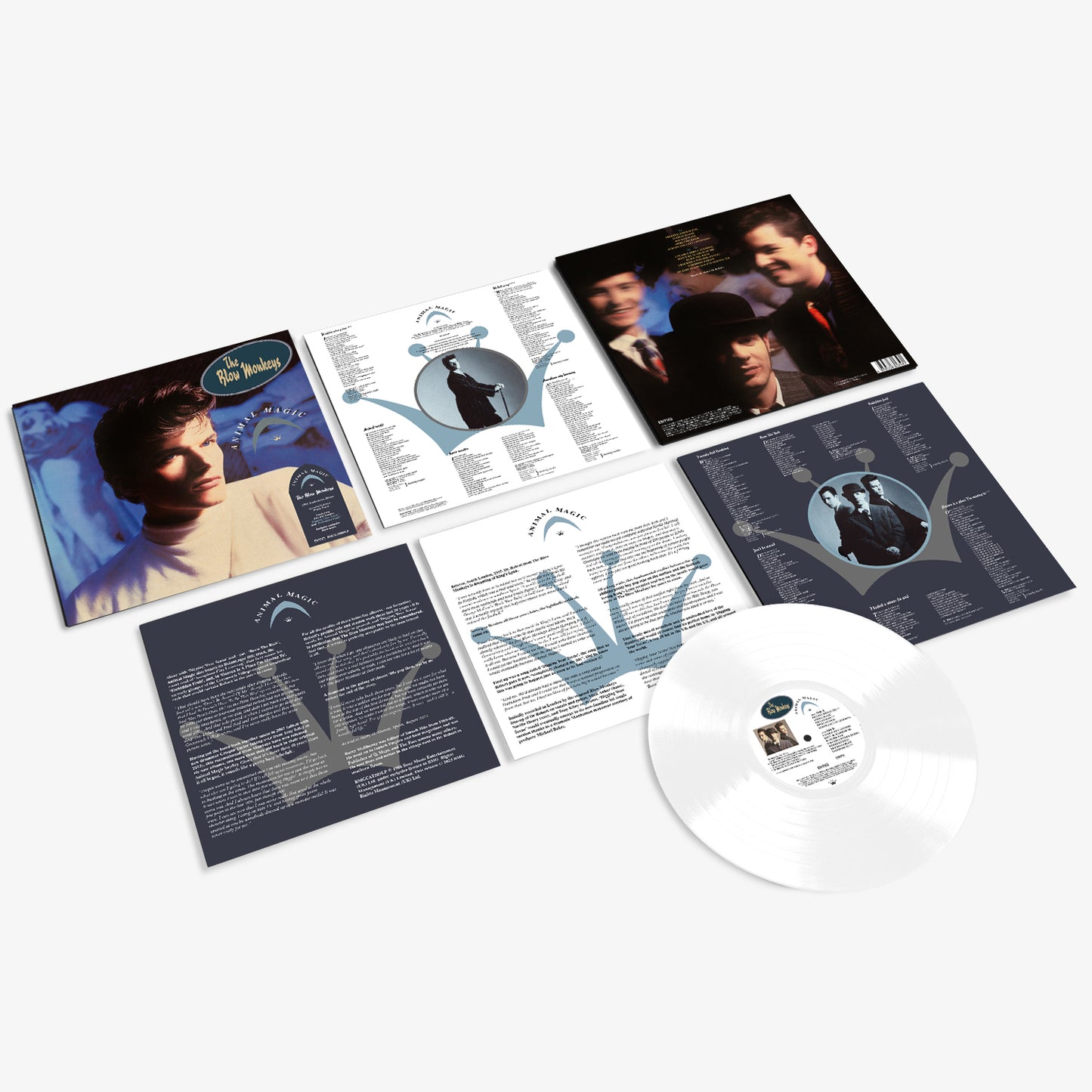 "White vinyl record and album booklet with The Blow Monkeys' Animal Magic cover art."