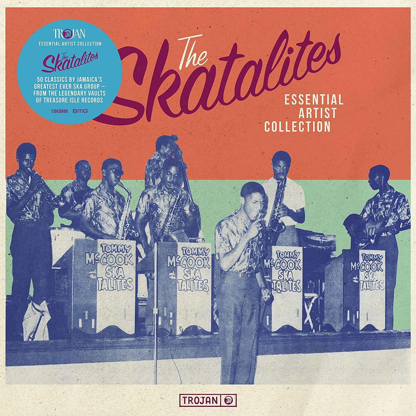 "Album cover with musicians on stage, orange and green background, 'The Skatalites' title."