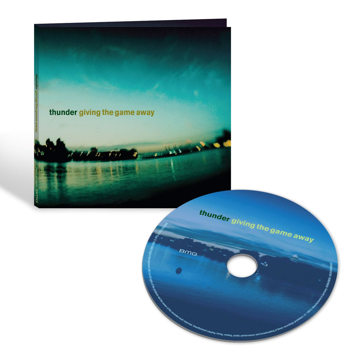 Thunder's "Giving The Game Away" CD case and disc with blue ocean imagery.