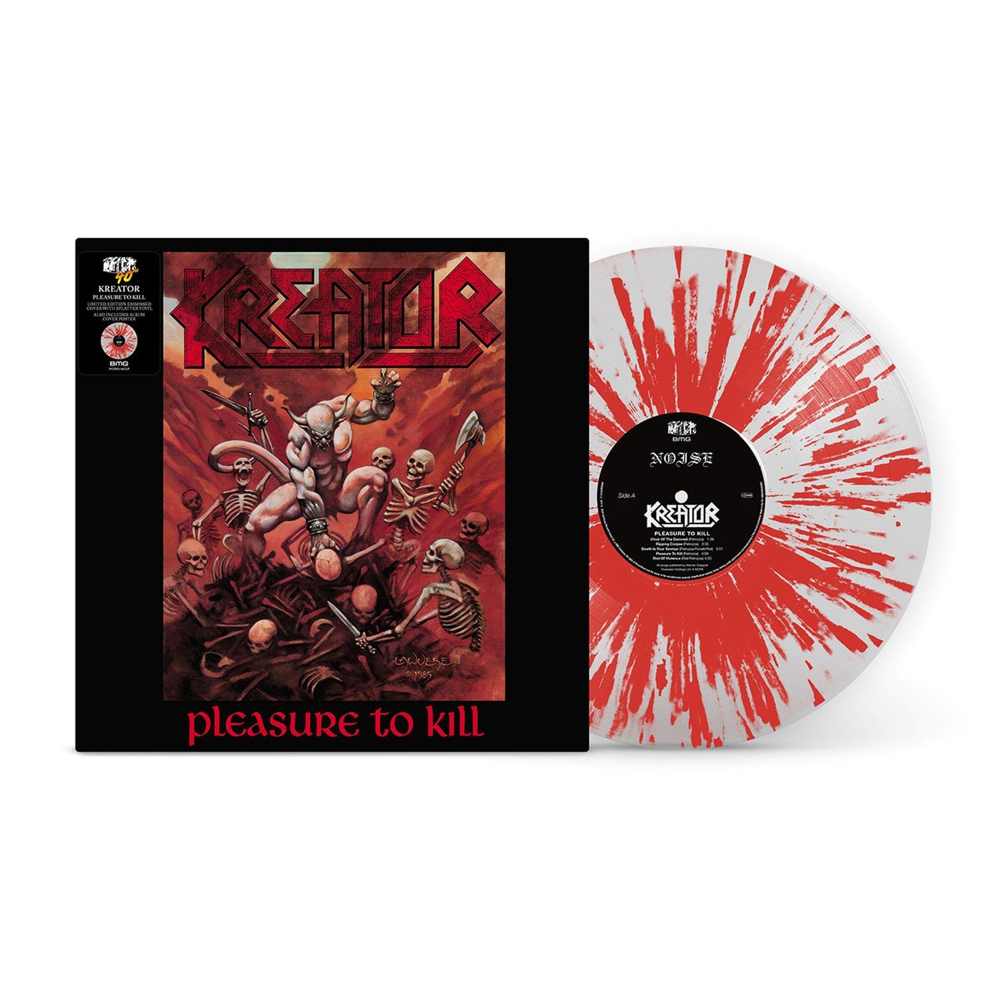 "Kreator vinyl record with red splatter design and album cover featuring demonic artwork."