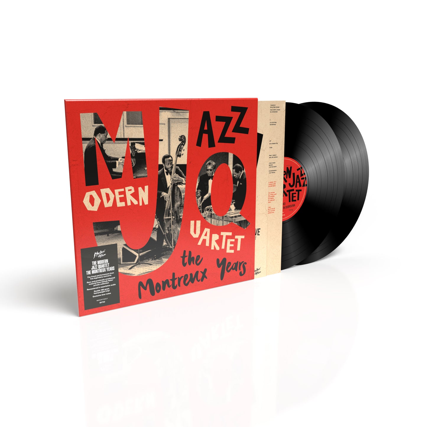 "Red album cover with black vinyl records and musicians' images."