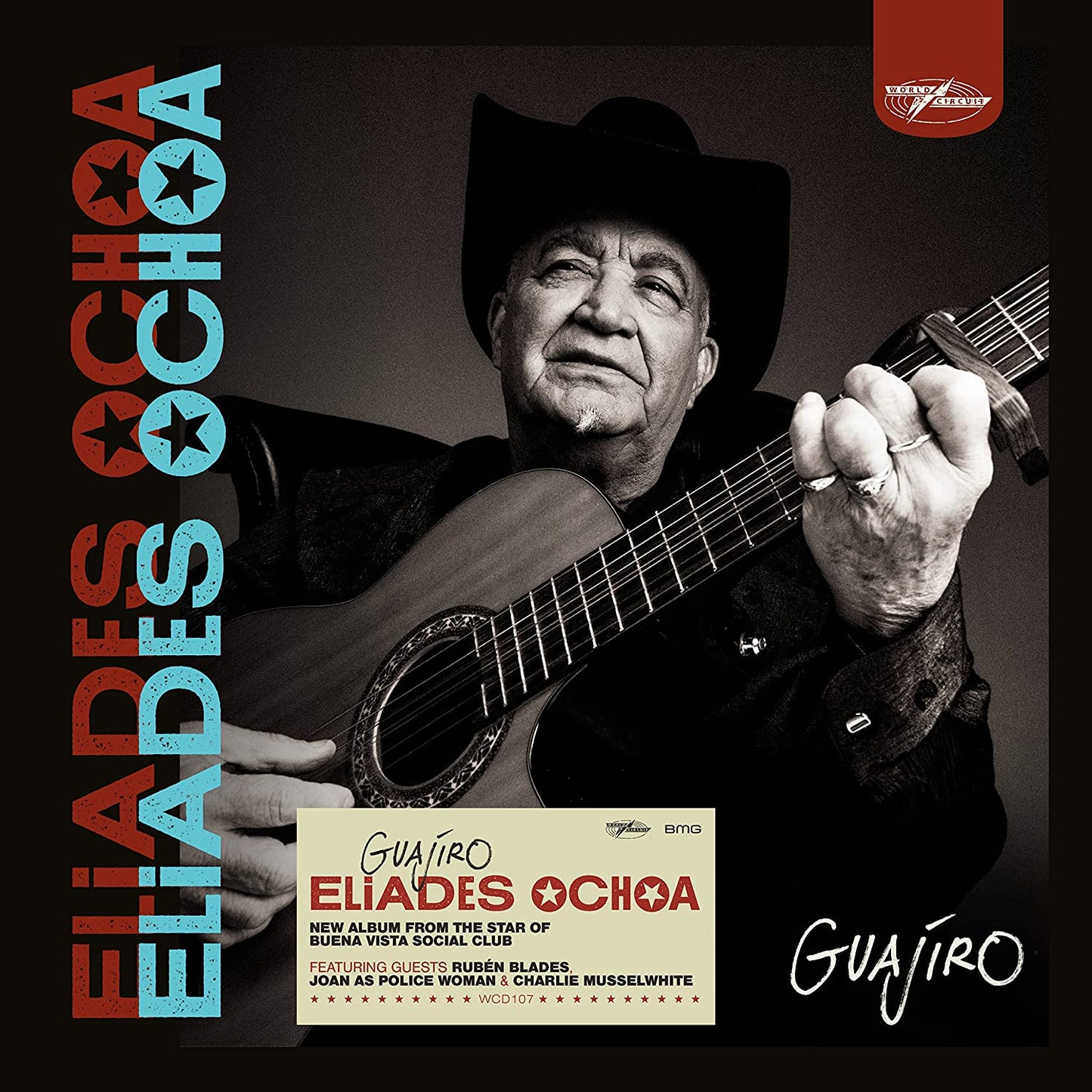 "Album cover with a man in a hat holding a guitar, black background."