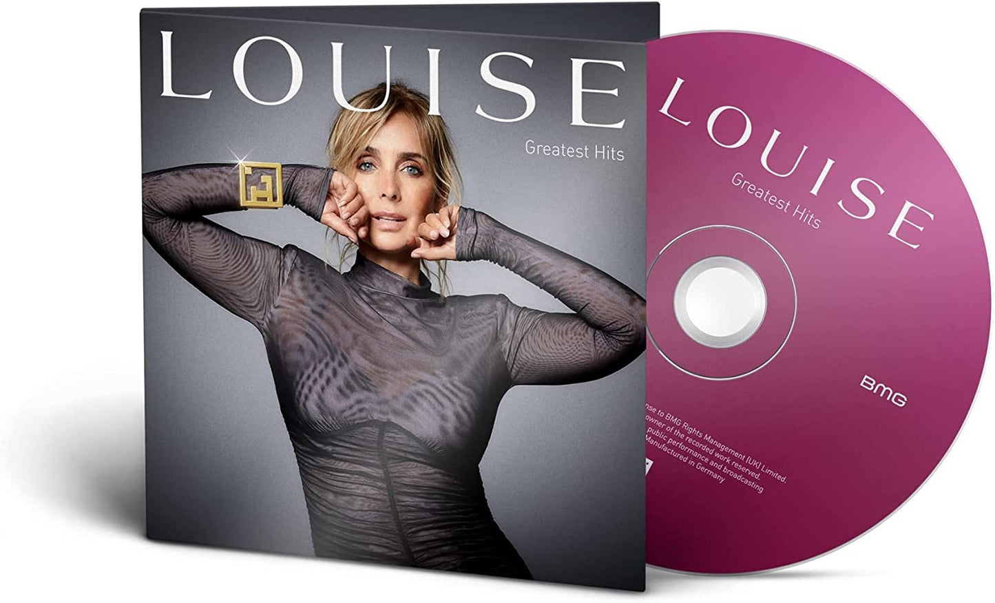 "CD case with a pink disc and a woman on the cover."