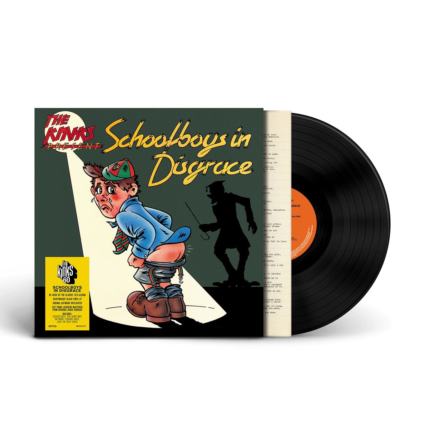 "Vinyl record with cover art featuring a cartoon boy being caned, titled 'Schoolboys in Disgrace'."