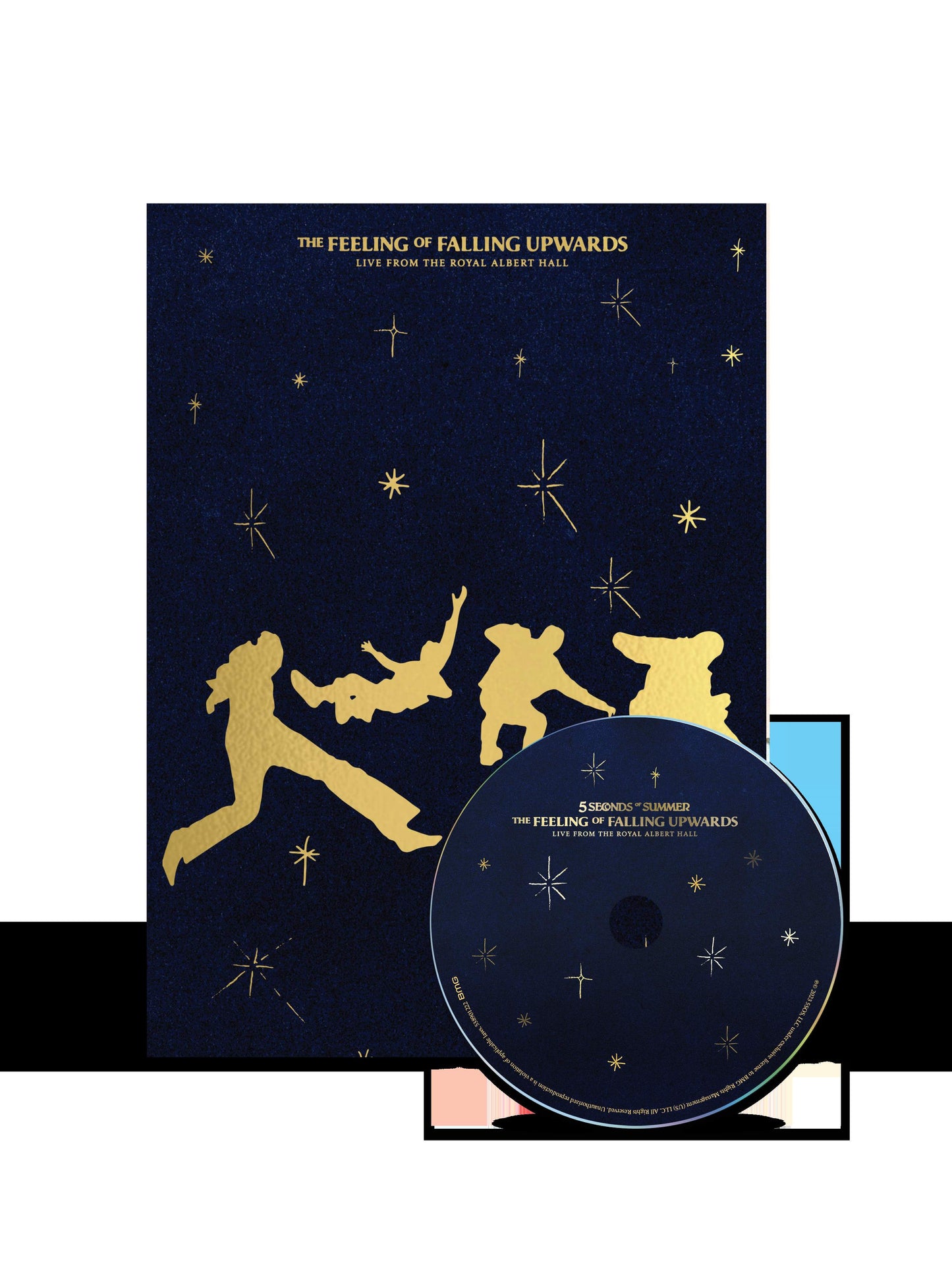 "CD case with navy cover, gold silhouettes, and stars, with a matching CD."