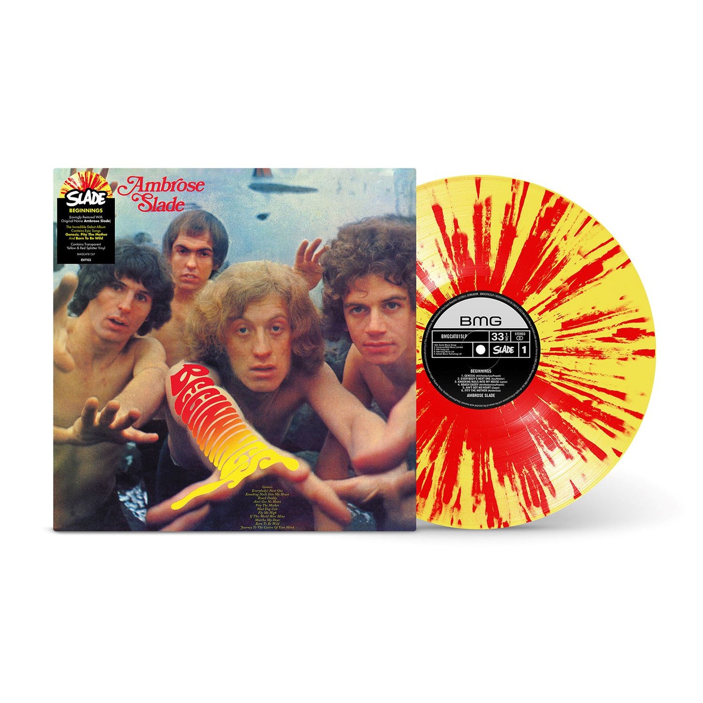 "Vinyl record and cover art featuring the band Ambrose Slade, with a yellow and red splatter design."