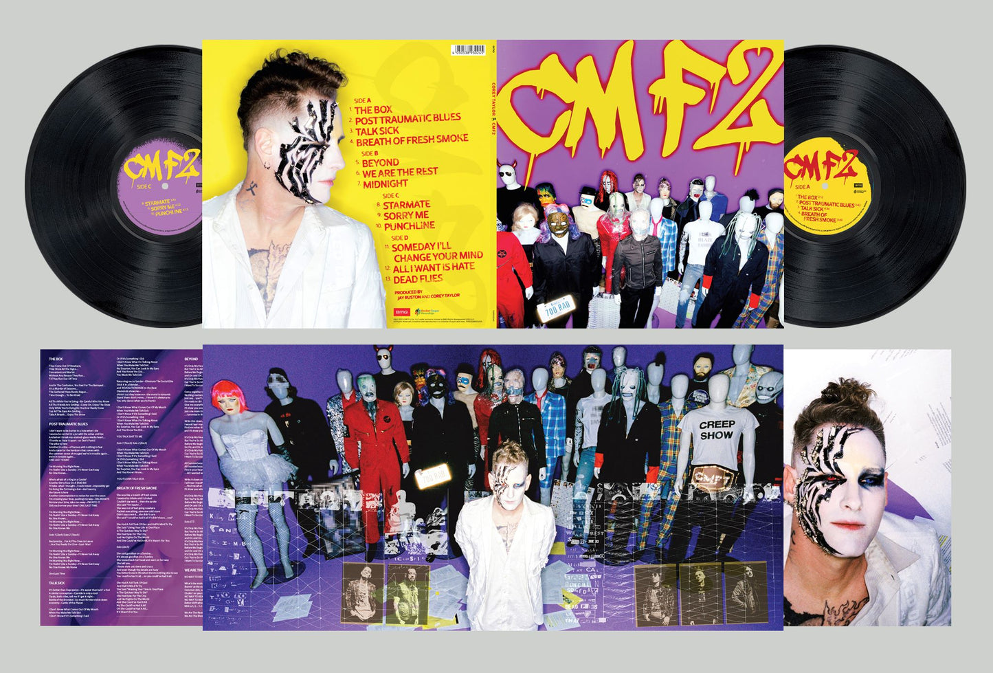 "Vinyl record album with purple and yellow cover, featuring a man with painted face."