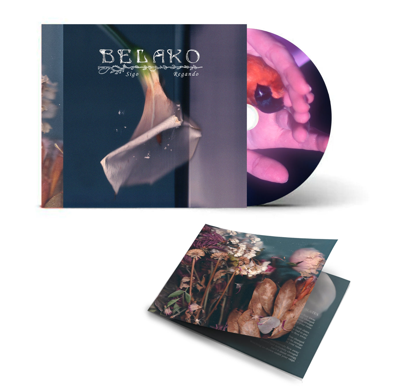 "CD case and booklet with floral designs and a bird in a hand."