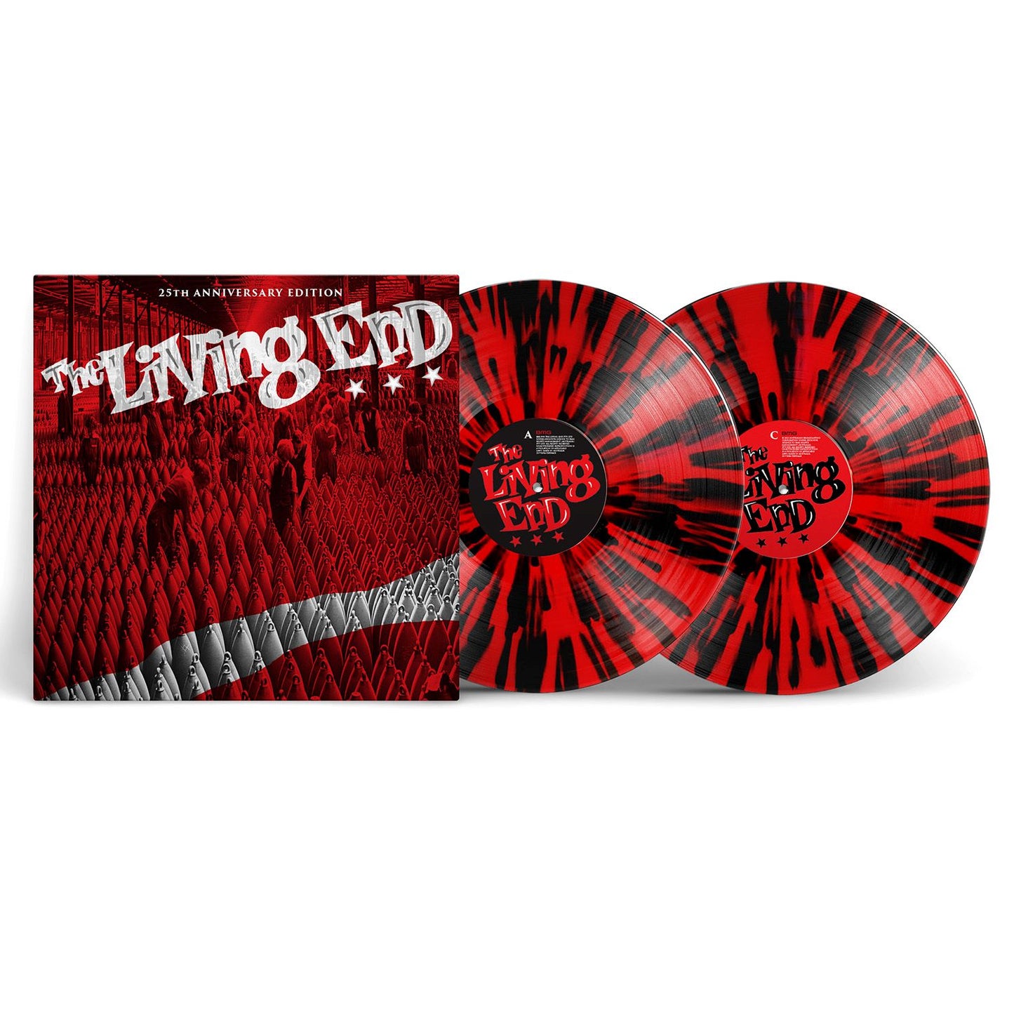 "Red and black vinyl records with matching sleeve featuring 'The Living End' album artwork."