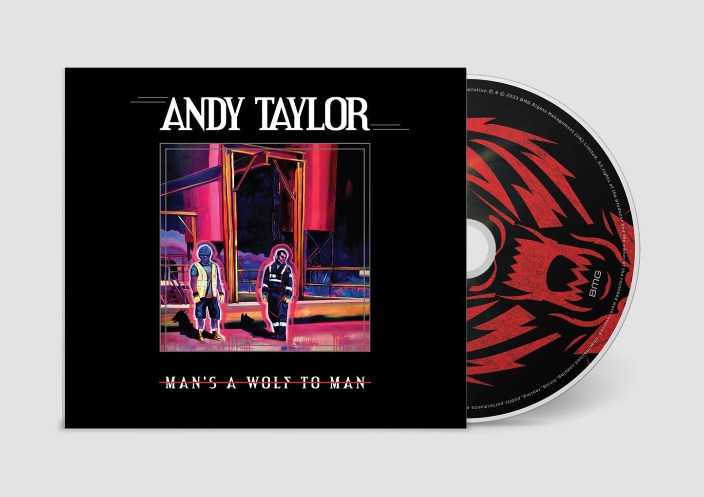 "CD case with black cover and red wolf design on the disc inside."