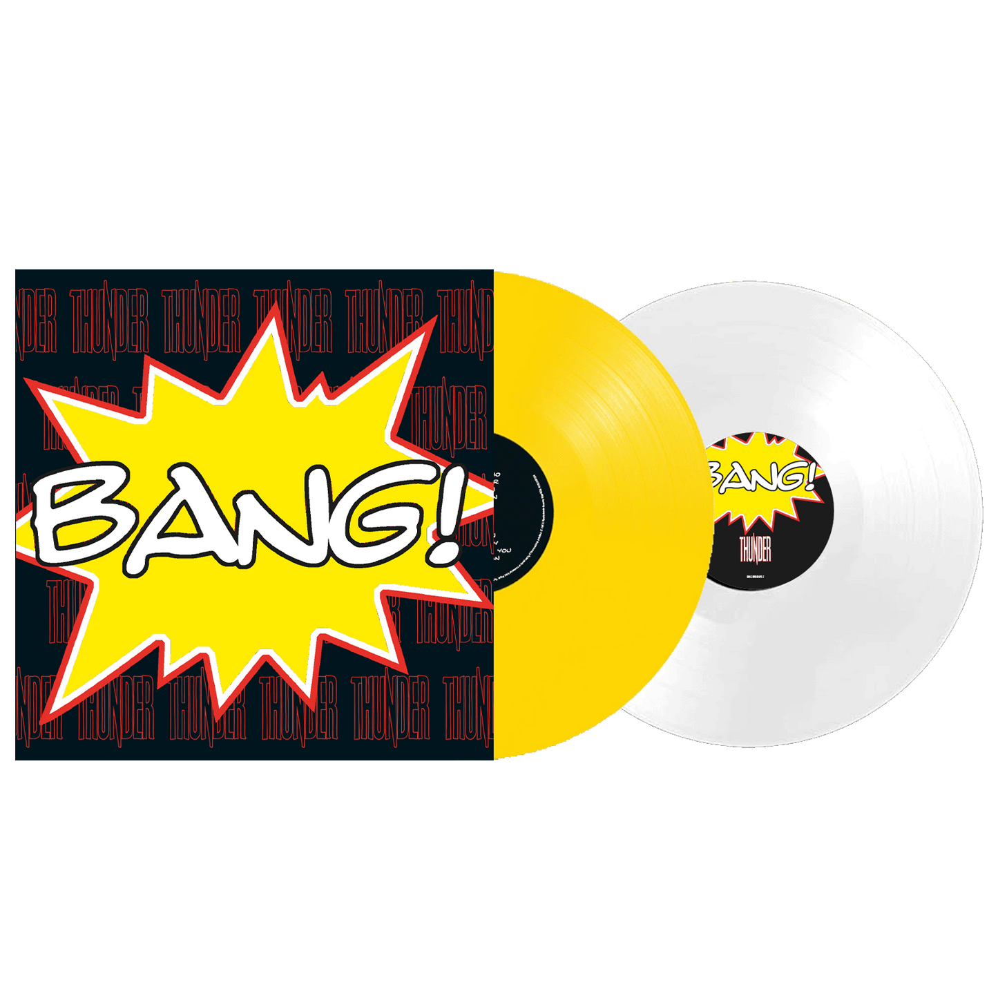 White vinyl record with yellow and red comic book-style "BANG!" design.
