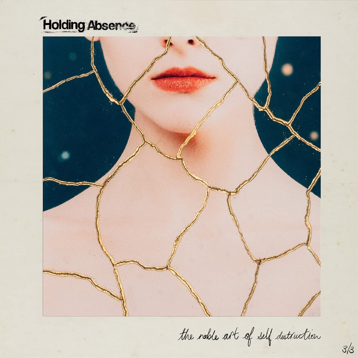 "Album cover with a woman's face and neck, cracked and filled with gold."