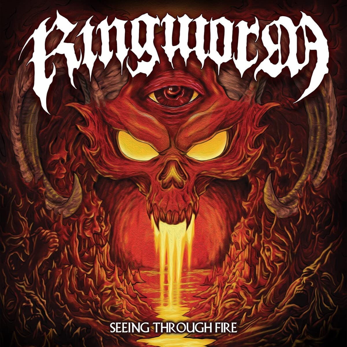 Red demonic skull with an eye, album cover for Ringworm’s “Seeing Through Fire.”