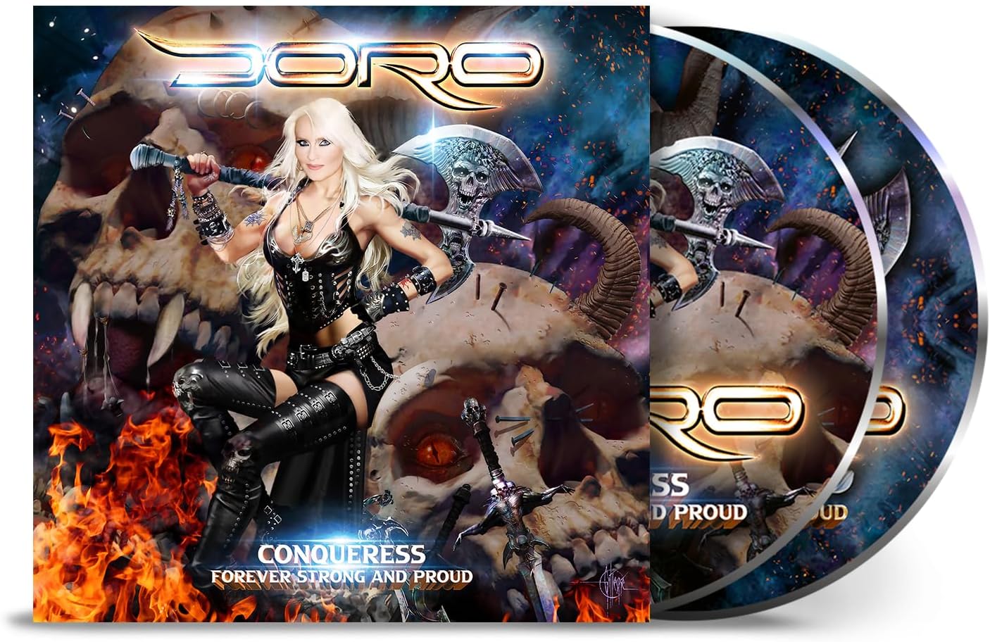 "Doro album cover and CD featuring a blonde woman in black armor holding an axe."