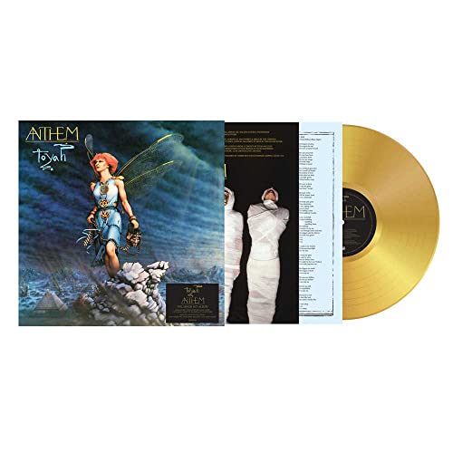 Toyah's "Anthem" gold vinyl record with album artwork and lyric sheet.