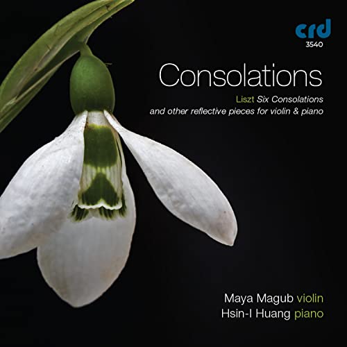 CD cover: white snowdrop flower with "Consolations" text, violin and piano music.