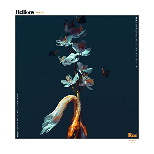 "Album cover with a flower stem and butterflies on a dark blue background."