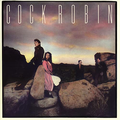Album cover showing the band Cock Robin posing on rocks against a sunset sky.