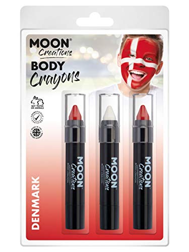 "Package of three black body crayons with red and white tips, Denmark-themed."