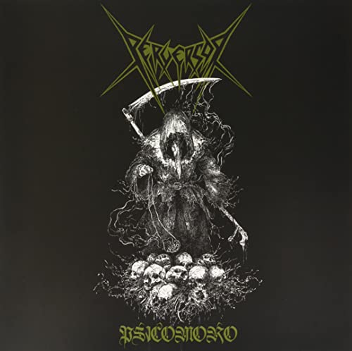 Black and white album cover with grim reaper and skulls.