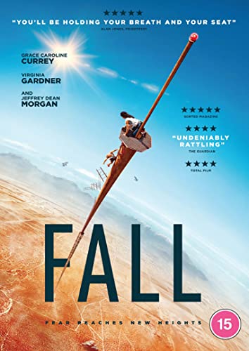 DVD cover for "Fall" featuring two women clinging to a tall radio tower.