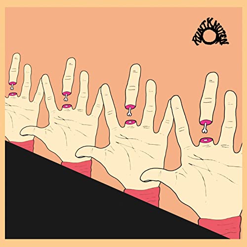Illustration of multiple hands with dangling objects against a peach background.