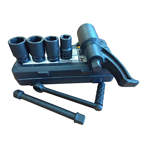 Black lug wrench set with sockets and extension bars on case.