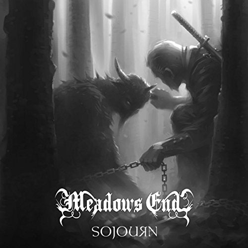 "Album cover art: a man and a chained creature in a dark forest."