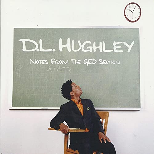 D.L. Hughley album cover with comedian seated before a chalkboard.