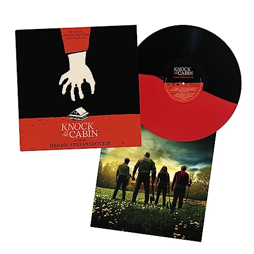 Knock at the Cabin" soundtrack vinyl record with film imagery and red accents.