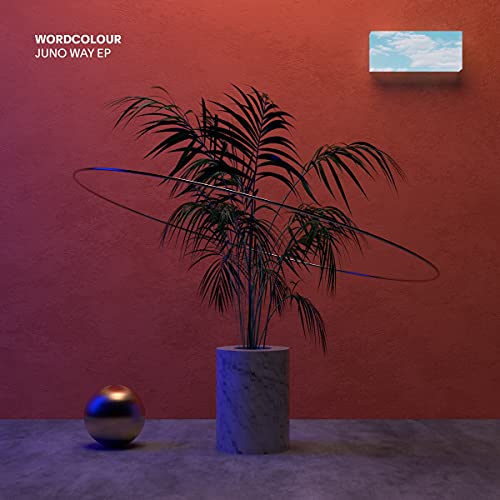 Palm tree with glowing rings and sphere against a red wall.