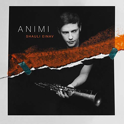 CD cover: Shauli Einav portrait with clarinet and orange paint splash.