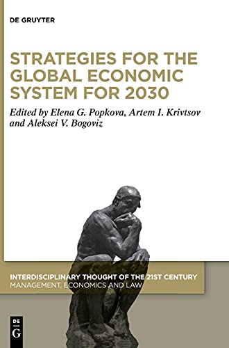 "Book cover with 'Strategies for the Global Economic System for 2030' title and a thinker statue."