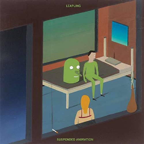 "Album cover art: cartoon man on bed, green creature, and person outside window."