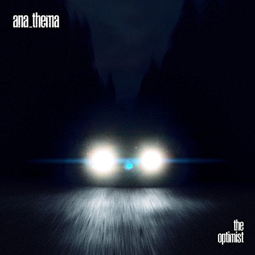 CD cover: dark road scene with bright headlights, text “ana_thema” and “the optimist”.
