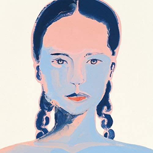 Painted portrait of a woman with blue and pink tones, braided hair.