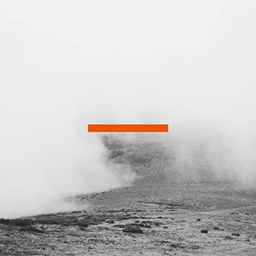 Black and white landscape with a central horizontal orange stripe.