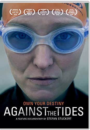 Close-up of a swimmer wearing goggles, DVD cover for "Against The Tides".
