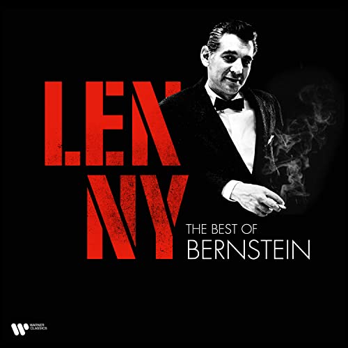 Lenny Bernstein portrait with bold red text on a black background.