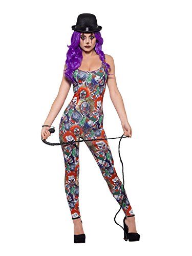 "Woman wearing a clown-patterned jumpsuit, black hat, and holding a whip."