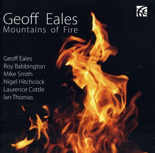 CD cover for Geoff Eales’ “Mountains of Fire” with flame imagery.